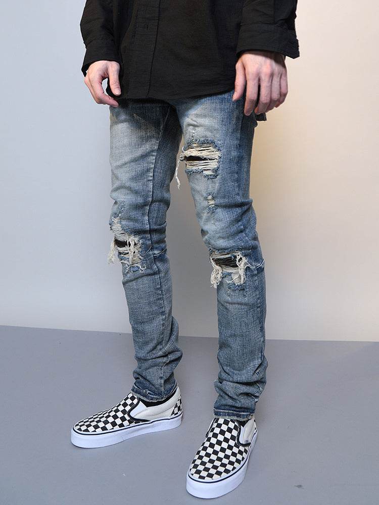 Mens Ripped Washed Blue Denim Jeans - Mubimart