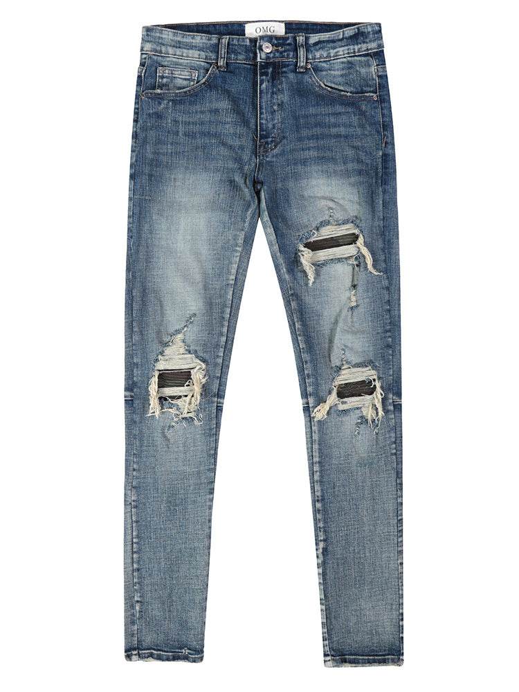 Mens Ripped Washed Blue Denim Jeans - Mubimart