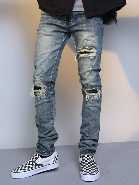 Mens Ripped Washed Blue Denim Jeans - Mubimart