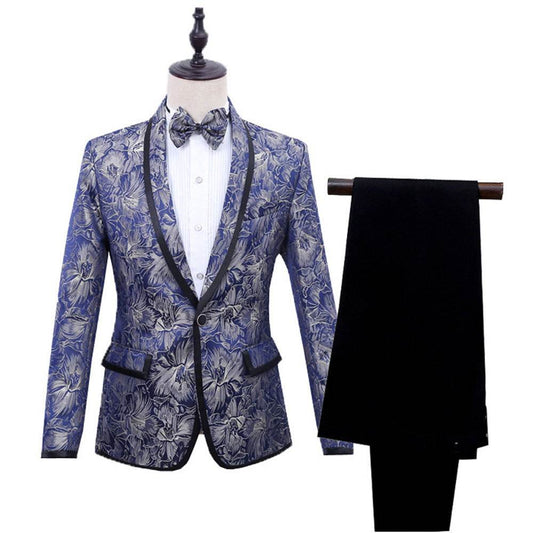 Best Man''s Dress Blue Brocade Suit One Button Green Fruit Collar With Black Edge British Men''s Two Piece Suit - Mubimart