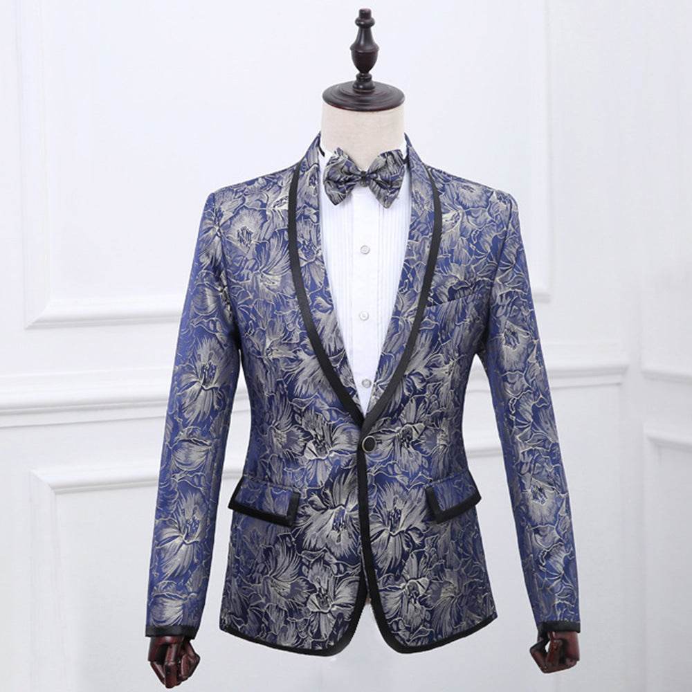 Best Man''s Dress Blue Brocade Suit One Button Green Fruit Collar With Black Edge British Men''s Two Piece Suit - Mubimart