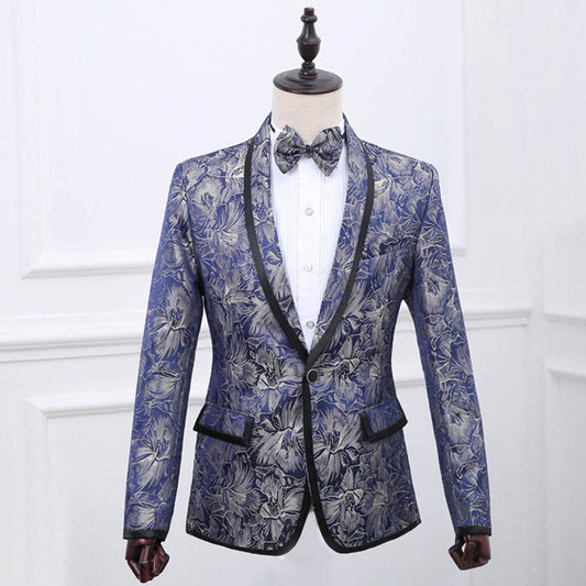 Best Man''s Dress Blue Brocade Suit One Button Green Fruit Collar With Black Edge British Men''s Two Piece Suit - Mubimart