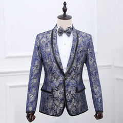 Best Man''s Dress Blue Brocade Suit One Button Green Fruit Collar With Black Edge British Men''s Two Piece Suit