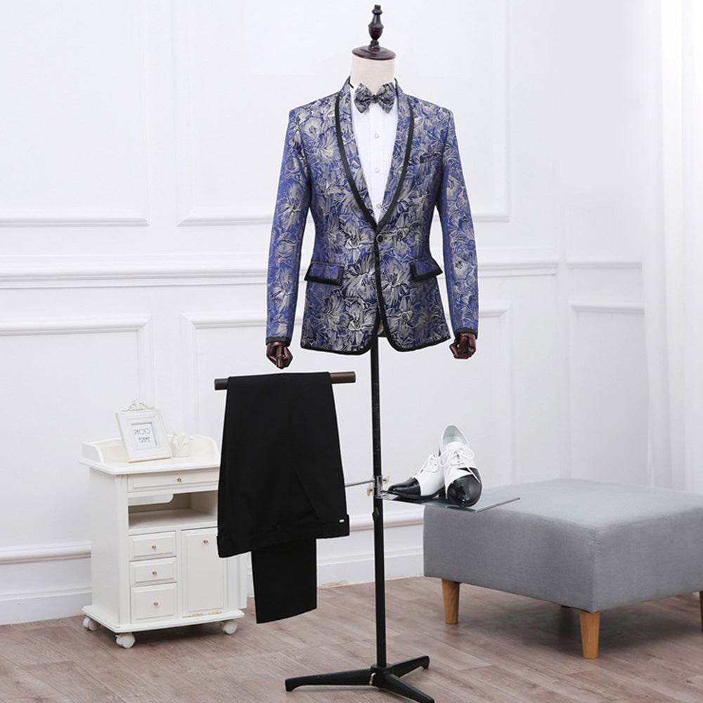 Best Man''s Dress Blue Brocade Suit One Button Green Fruit Collar With Black Edge British Men''s Two Piece Suit - Mubimart