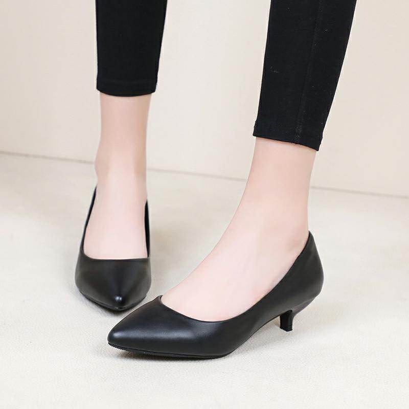 Soft Leather Painless Work Shoes Black High Heels Professional Single Shoes - Mubimart