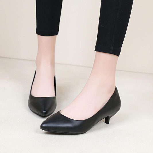 Soft Leather Painless Work Shoes Black High Heels Professional Single Shoes - Mubimart