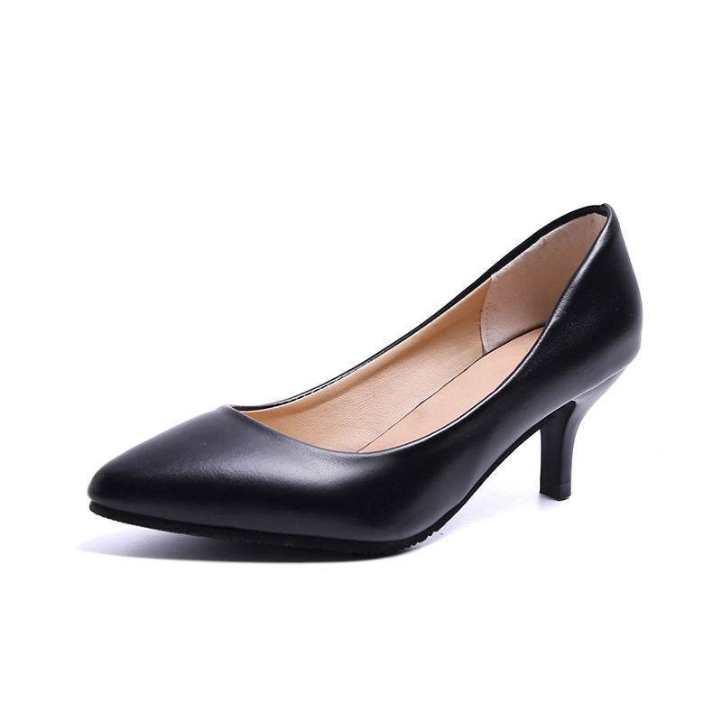 Soft Leather Painless Work Shoes Black High Heels Professional Single Shoes - Mubimart