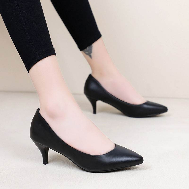 Soft Leather Painless Work Shoes Black High Heels Professional Single Shoes - Mubimart