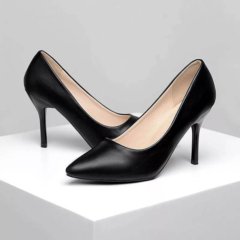Soft Leather Painless Work Shoes Black High Heels Professional Single Shoes - Mubimart