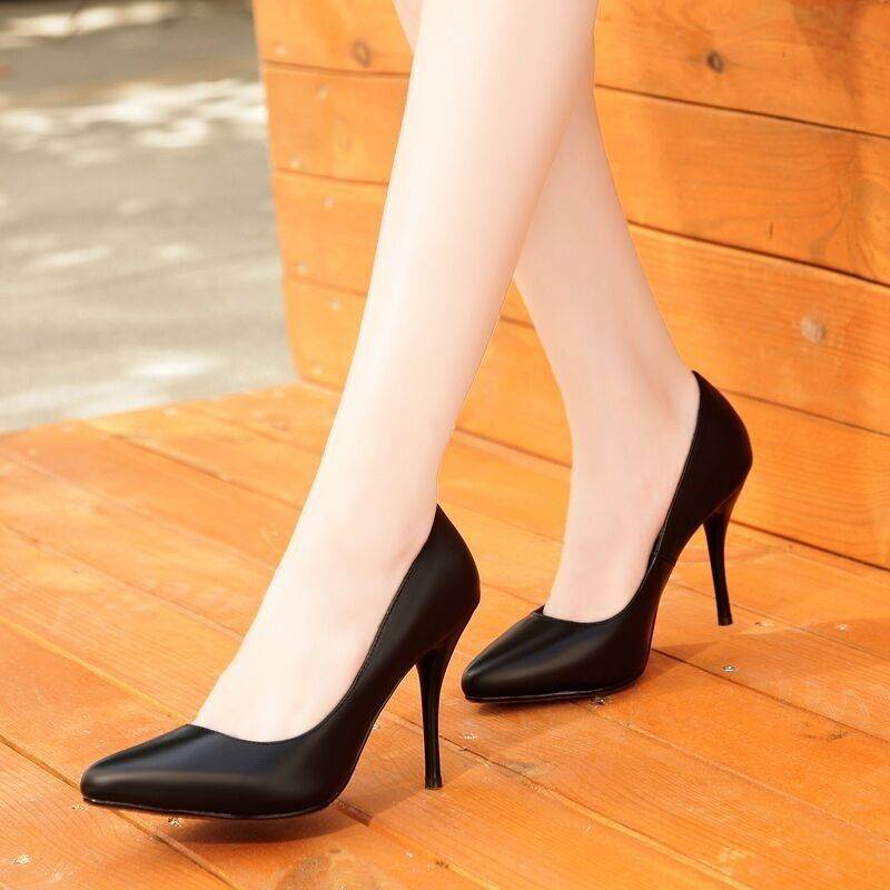 Soft Leather Painless Work Shoes Black High Heels Professional Single Shoes - Mubimart