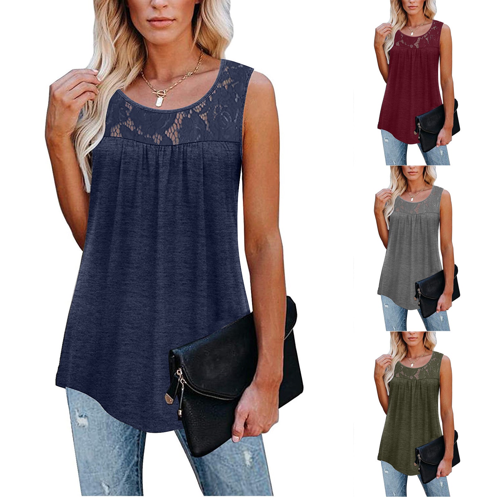 Plus Size 5XL Sexy Lace Tops Summer Women Loose O-Neck Tank Tops - Mubimart - Tank Top 