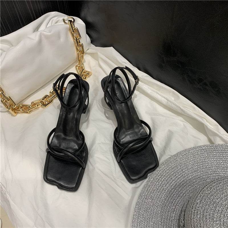 new net celebrity ins word with Roman sandals female fairy wind summer wild mid-heel square toe stilettos - Mubimart