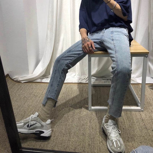Men's Irregular Stitching Cropped Slim-Fit Jeans - Mubimart