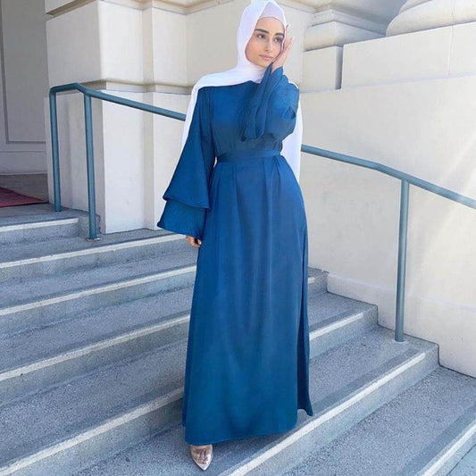 Solid Color Plus Size Double-layer Flared Sleeve Robe Dress - Mubimart