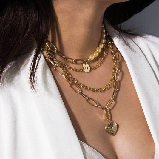 Mixed Punk Chain Pearl Necklace Women - Mubimart