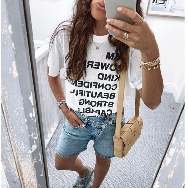 Tops Y2K Short-Sleeve White Tees Women Shirt Letter Print O-Neck Cotton Jastie Summer - Mubimart -  