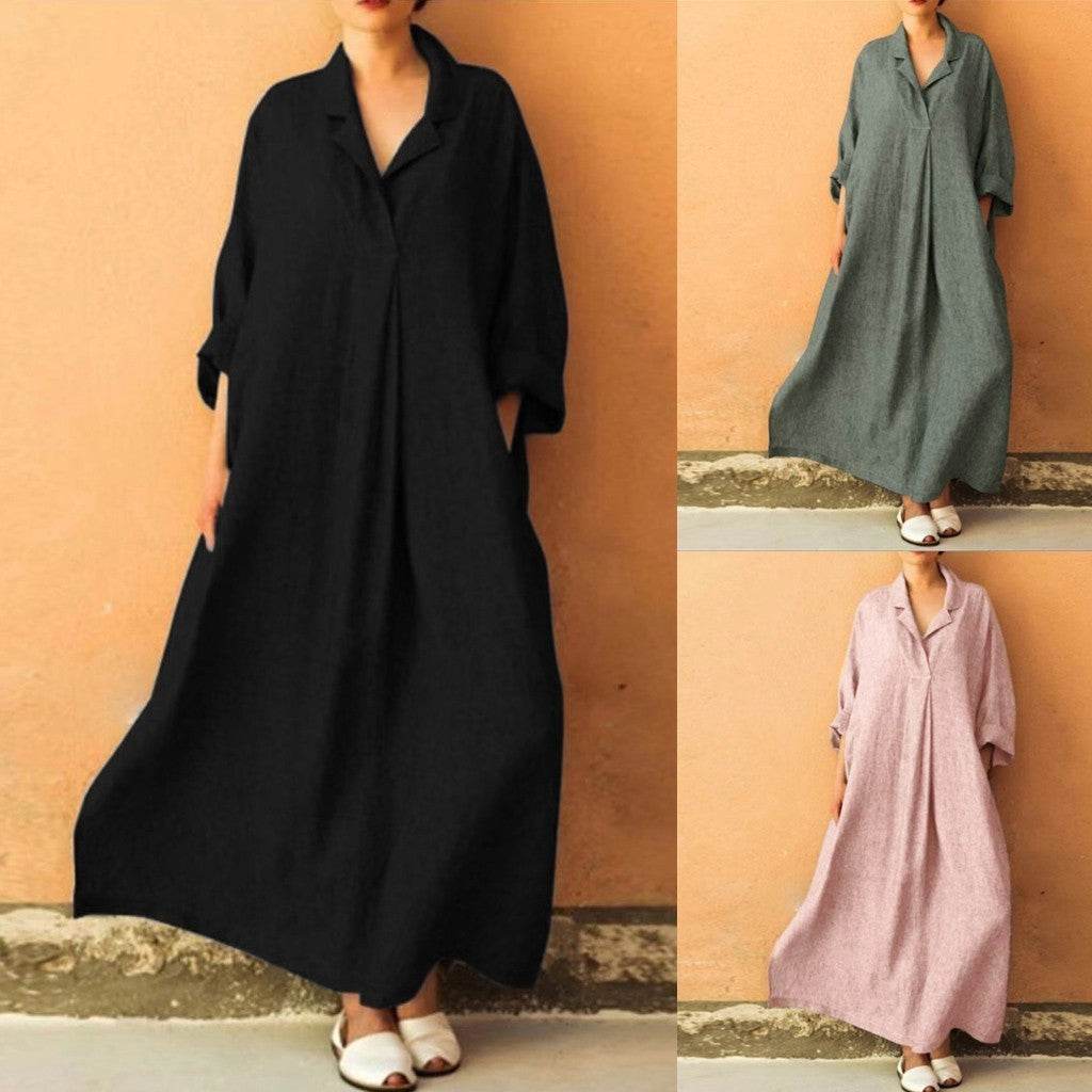 Women's Long Sleeve Loose Plus Size Shirt Dress - Mubimart