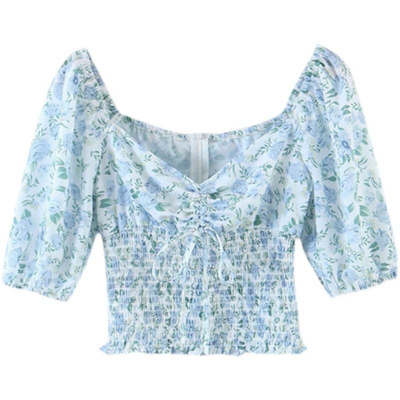 New Fashion Sweet Chic Floral Print Crop Tops Women Street Style Elastic Waist Deep V-neck Short Blouses Female Top De Moda - Mubimart