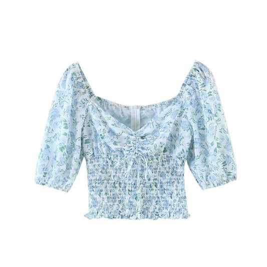 New Fashion Sweet Chic Floral Print Crop Tops Women Street Style Elastic Waist Deep V-neck Short Blouses Female Top De Moda - Mubimart