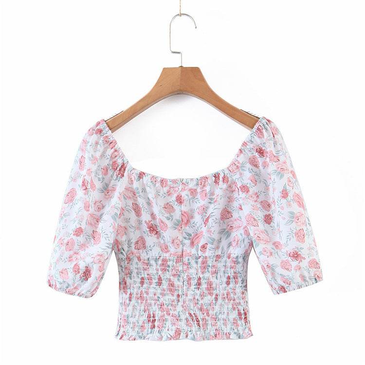 New Fashion Sweet Chic Floral Print Crop Tops Women Street Style Elastic Waist Deep V-neck Short Blouses Female Top De Moda - Mubimart