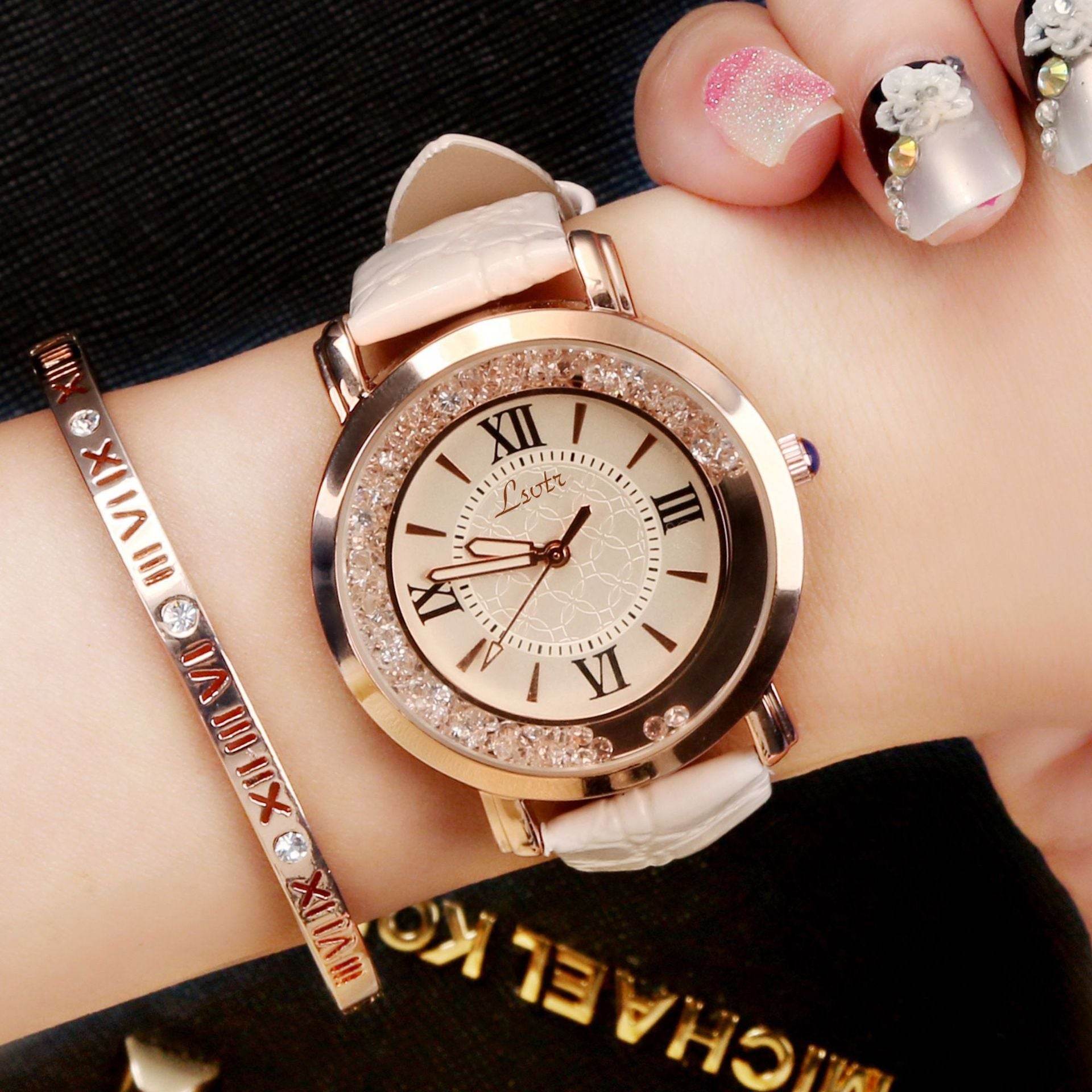Ladies Watch Flowing Water Diamond British Watch Fashion Student Belt Watch Women - Mubimart