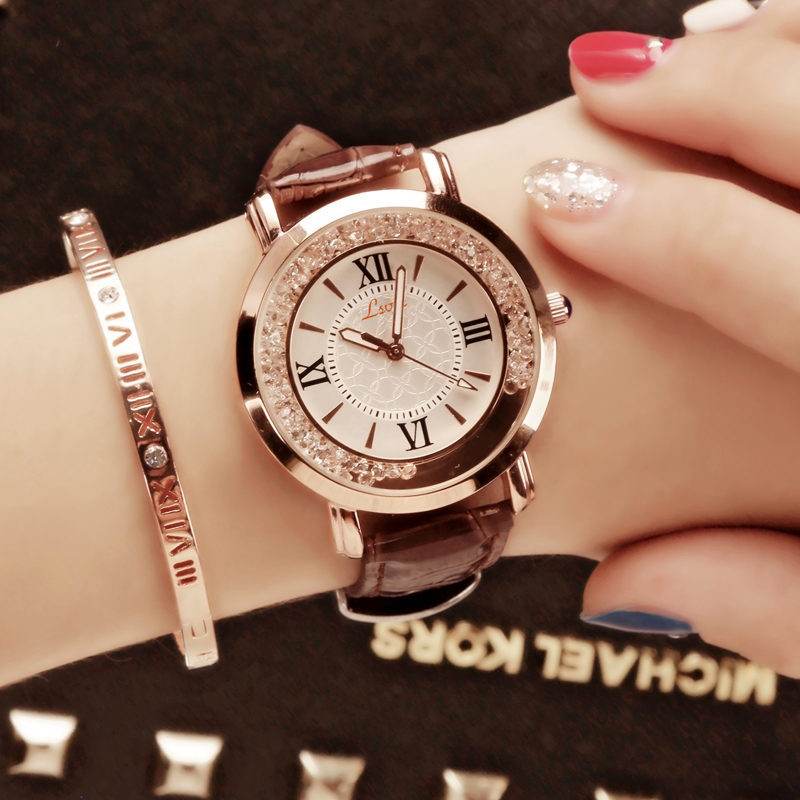 Ladies Watch Flowing Water Diamond British Watch Fashion Student Belt Watch Women - Mubimart