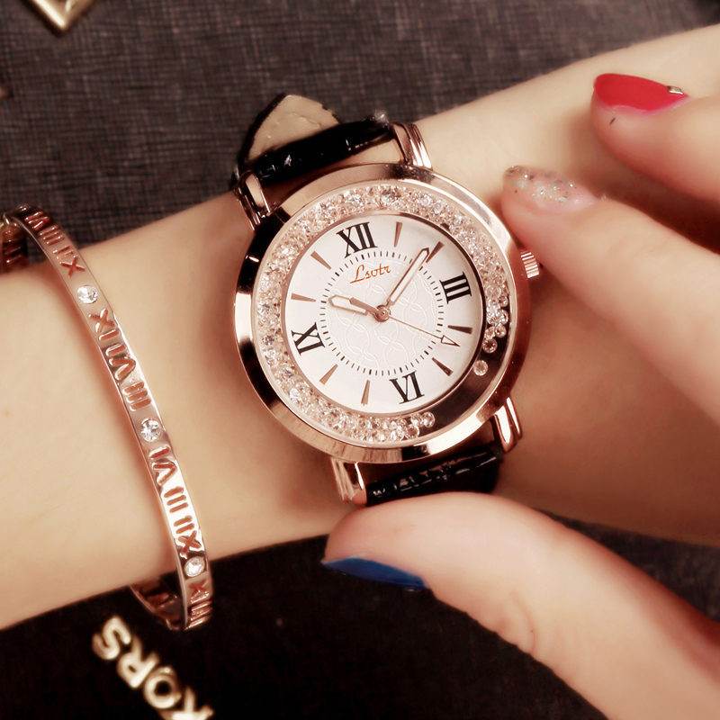 Ladies Watch Flowing Water Diamond British Watch Fashion Student Belt Watch Women - Mubimart