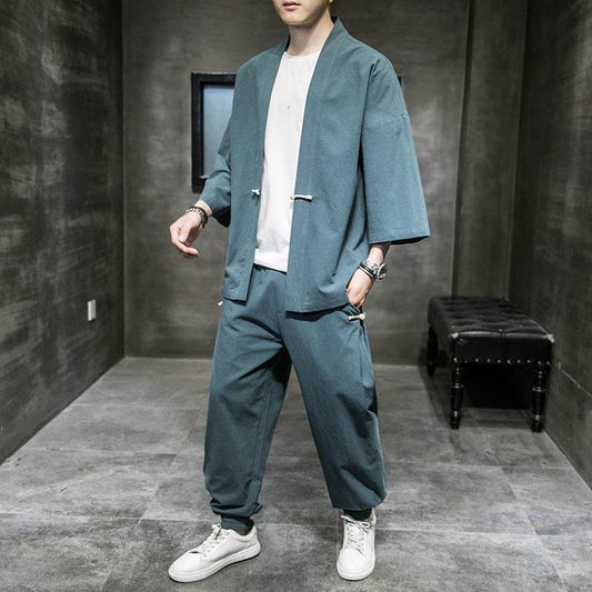 Chinese Style Linen Suit Men's Summer Three-Quarter Sleeves Robe Hanfu Loose Sun Protection Clothing Large Size Mens Sang Suit Cardigan - Mubimart