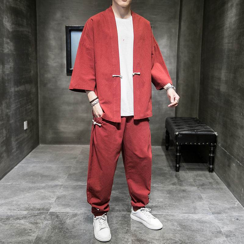 Chinese Style Linen Suit Men's Summer Three-Quarter Sleeves Robe Hanfu Loose Sun Protection Clothing Large Size Mens Sang Suit Cardigan - Mubimart
