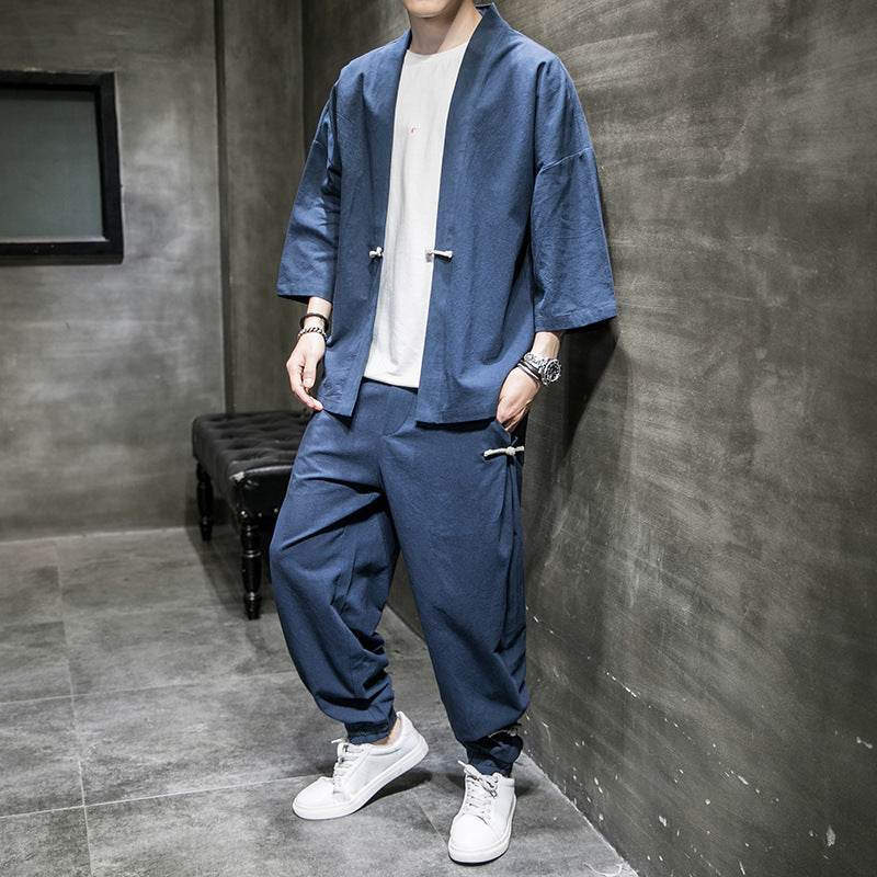 Chinese Style Linen Suit Men's Summer Three-Quarter Sleeves Robe Hanfu Loose Sun Protection Clothing Large Size Mens Sang Suit Cardigan - Mubimart