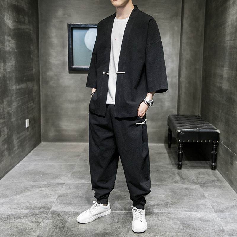 Chinese Style Linen Suit Men's Summer Three-Quarter Sleeves Robe Hanfu Loose Sun Protection Clothing Large Size Mens Sang Suit Cardigan - Mubimart