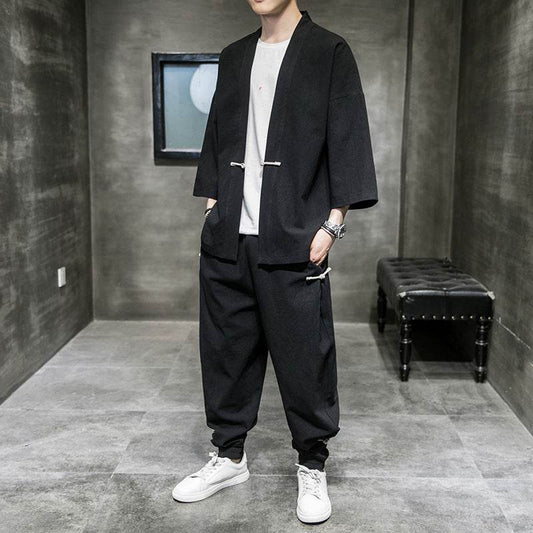 Chinese Style Linen Suit Men's Summer Three-Quarter Sleeves Robe Hanfu Loose Sun Protection Clothing Large Size Mens Sang Suit Cardigan - Mubimart