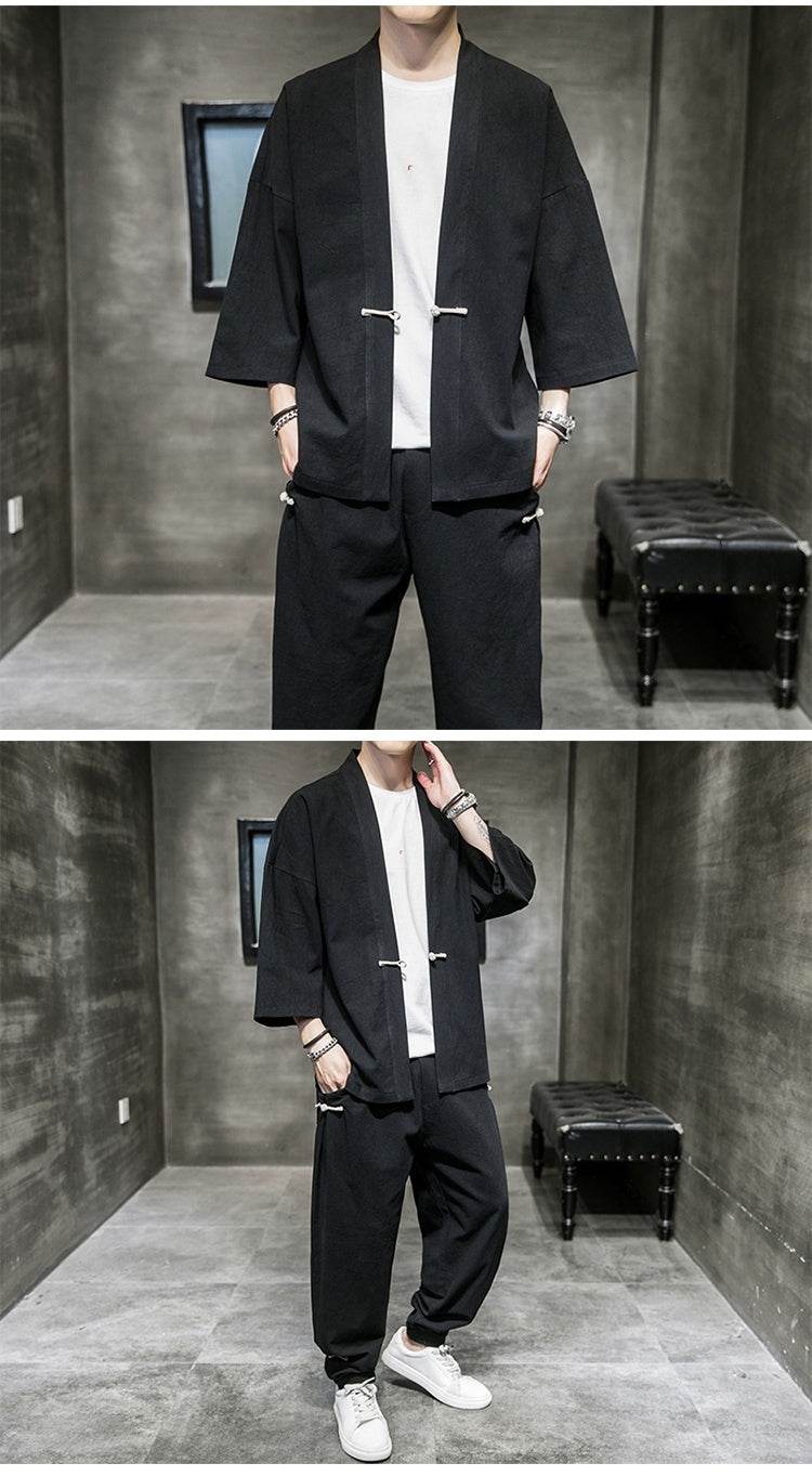Chinese Style Linen Suit Men's Summer Three-Quarter Sleeves Robe Hanfu Loose Sun Protection Clothing Large Size Mens Sang Suit Cardigan - Mubimart