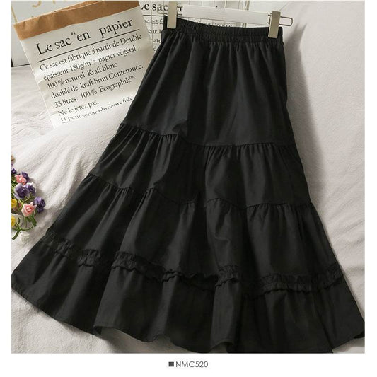 Western Style Wild Wood Ear Stitching Mid-Length A-Line Skirt Female Spring Elastic Waist Thin Solid Color Skirt - Mubimart