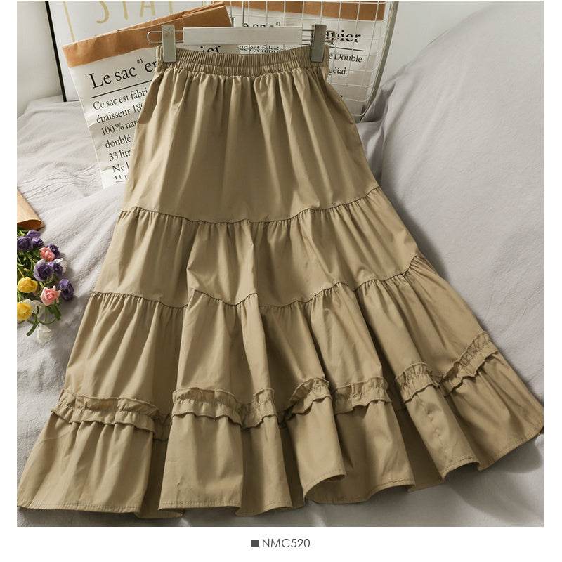 Western Style Wild Wood Ear Stitching Mid-Length A-Line Skirt Female Spring Elastic Waist Thin Solid Color Skirt - Mubimart