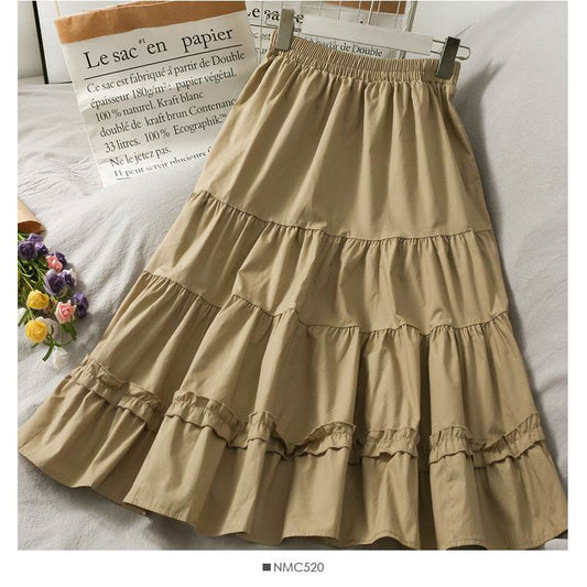 Western Style Wild Wood Ear Stitching Mid-Length A-Line Skirt Female Spring Elastic Waist Thin Solid Color Skirt - Mubimart