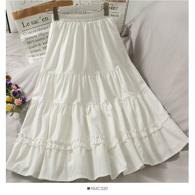 Western Style Wild Wood Ear Stitching Mid-Length A-Line Skirt Female Spring Elastic Waist Thin Solid Color Skirt - Mubimart