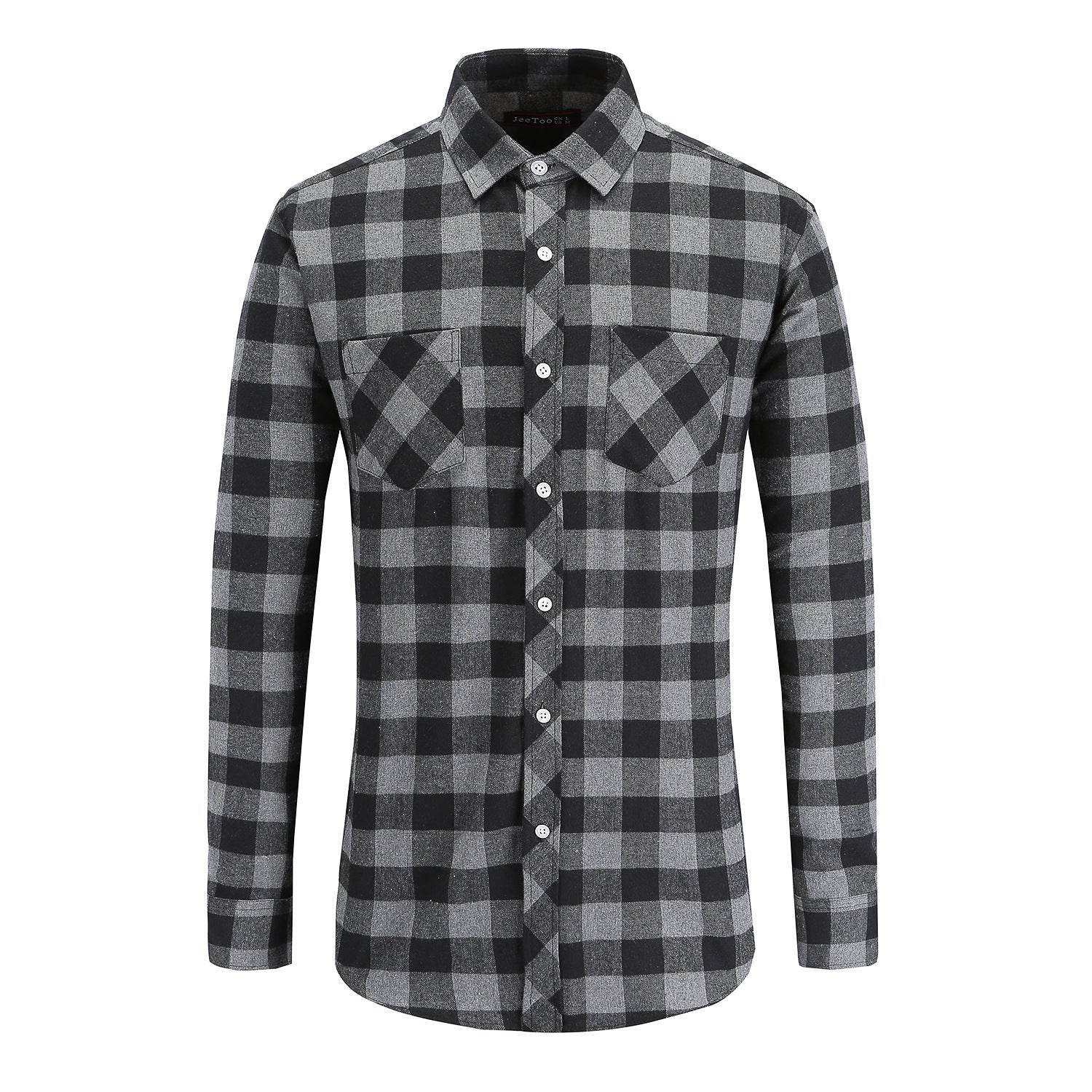 Flannel Double Pocket Men's Plaid Brushed Long Sleeved Shirt - Mubimart