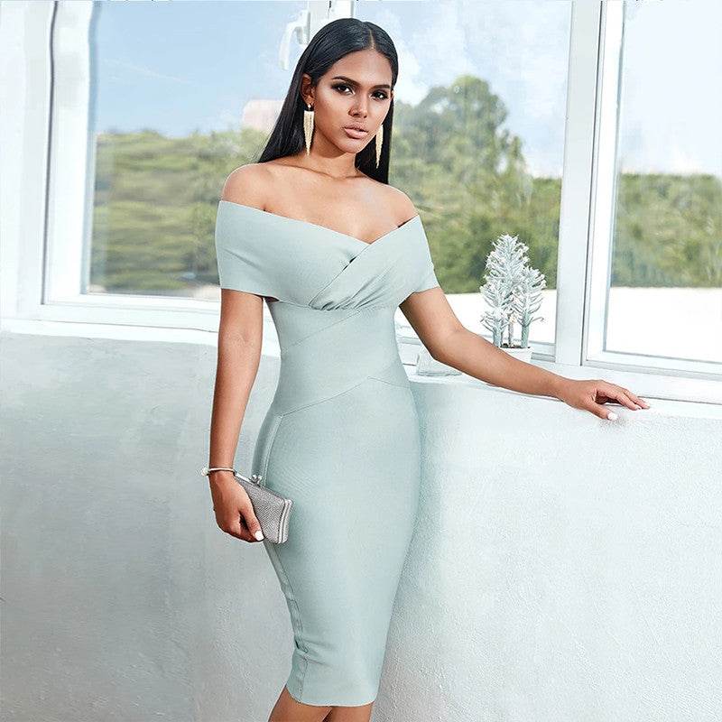 Bandage Dress Women Off Shoulder Midi Club Party Dresses - Mubimart