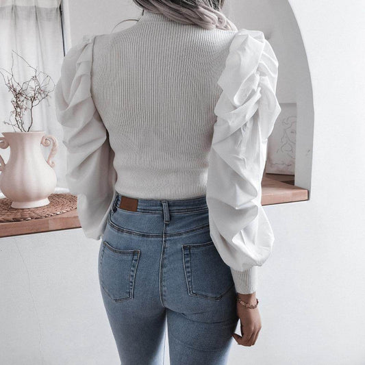 Blouse Women Puff Sleeve Knit Tops Streetwear T Shirt - Mubimart
