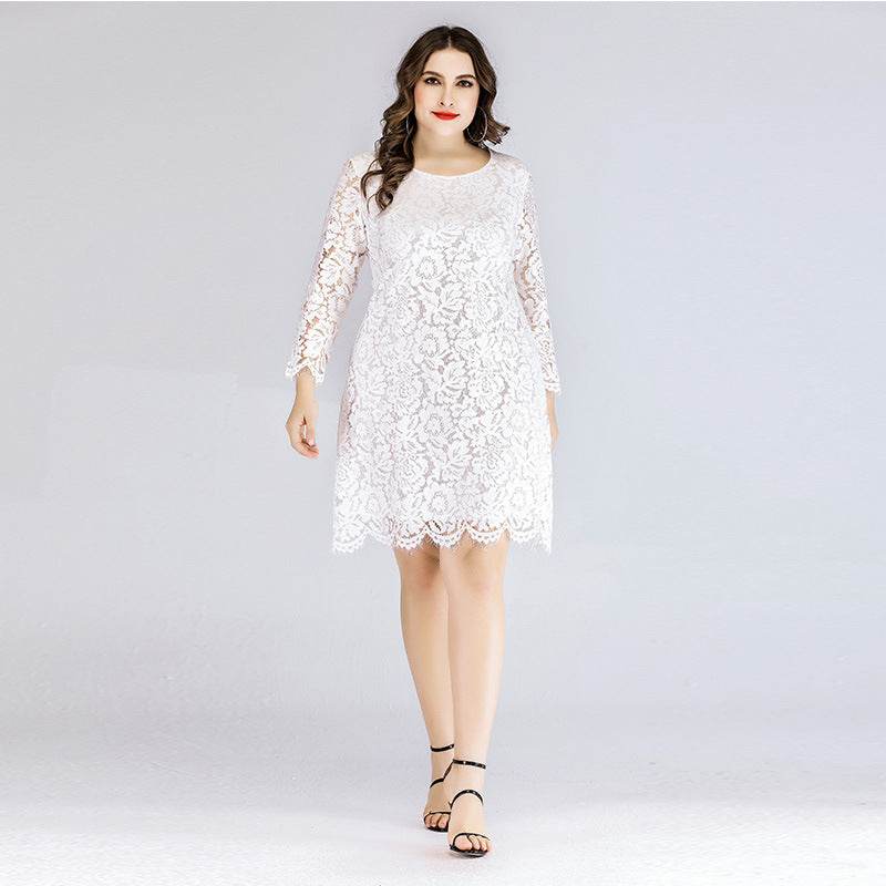Plus Size Women's Lace Dress Spring New Fat Mm Waist Slimming Mini Skirt Round Neck Three-Quarter Sleeves - Mubimart