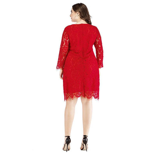 Plus Size Women's Lace Dress Spring New Fat Mm Waist Slimming Mini Skirt Round Neck Three-Quarter Sleeves - Mubimart
