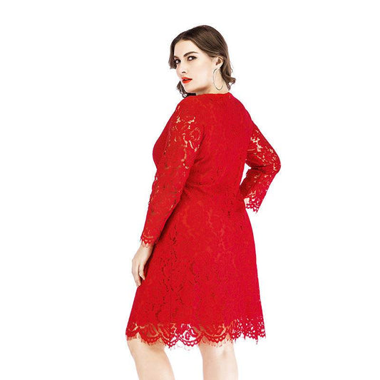 Plus Size Women's Lace Dress Spring New Fat Mm Waist Slimming Mini Skirt Round Neck Three-Quarter Sleeves - Mubimart