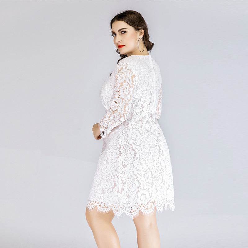 Plus Size Women's Lace Dress Spring New Fat Mm Waist Slimming Mini Skirt Round Neck Three-Quarter Sleeves - Mubimart