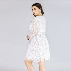 Plus Size Women's Lace Dress Spring New Fat Mm Waist Slimming Mini Skirt Round Neck Three-Quarter Sleeves - Mubimart -  