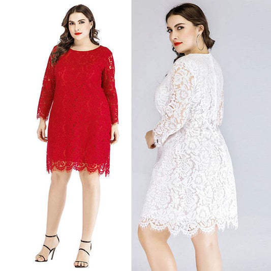 Plus Size Women's Lace Dress Spring New Fat Mm Waist Slimming Mini Skirt Round Neck Three-Quarter Sleeves - Mubimart