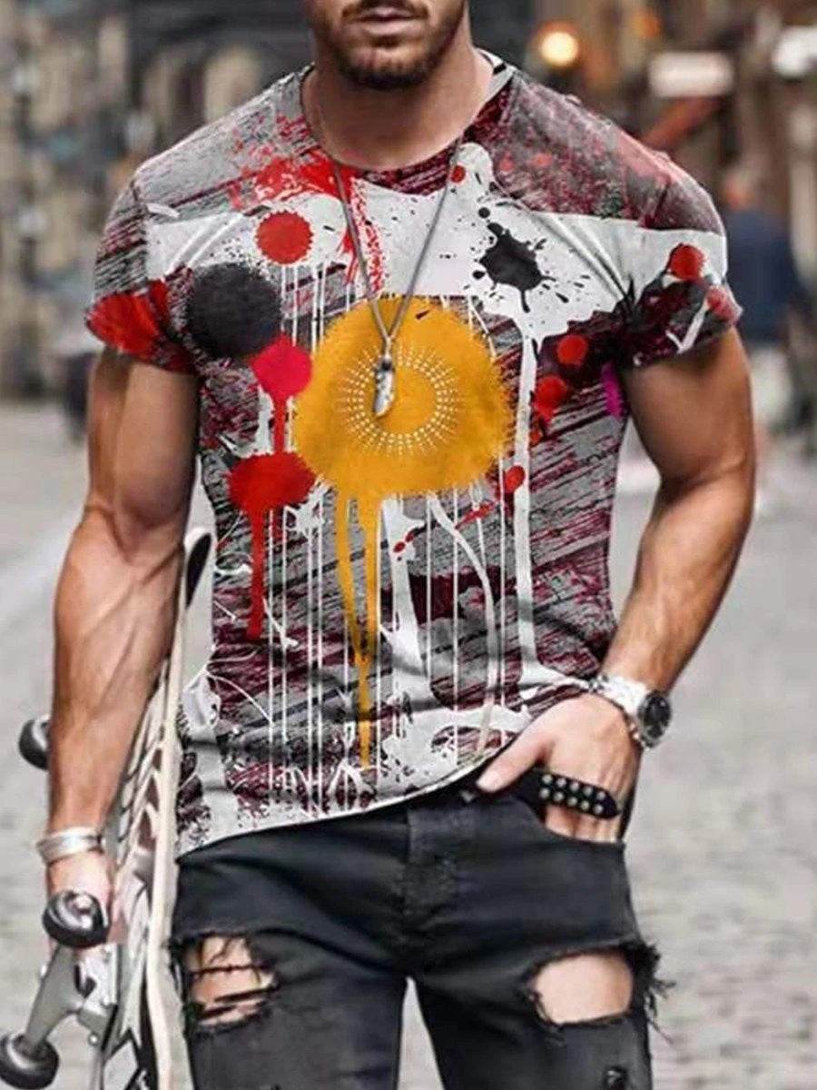 Mens Street Casual Trend Abstract Painting Print Short-Sleeved T-Shirt - Mubimart