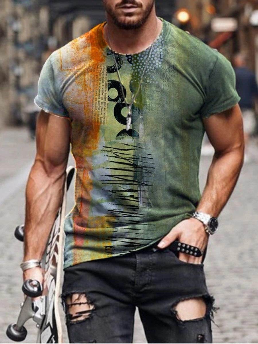 Mens Street Casual Trend Abstract Painting Print Short-Sleeved T-Shirt - Mubimart