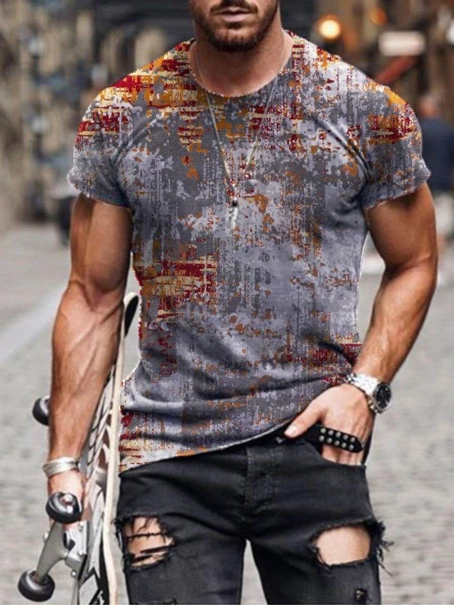 Mens Street Casual Trend Abstract Painting Print Short-Sleeved T-Shirt - Mubimart