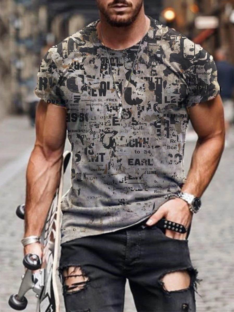 Mens Street Casual Trend Abstract Painting Print Short-Sleeved T-Shirt - Mubimart